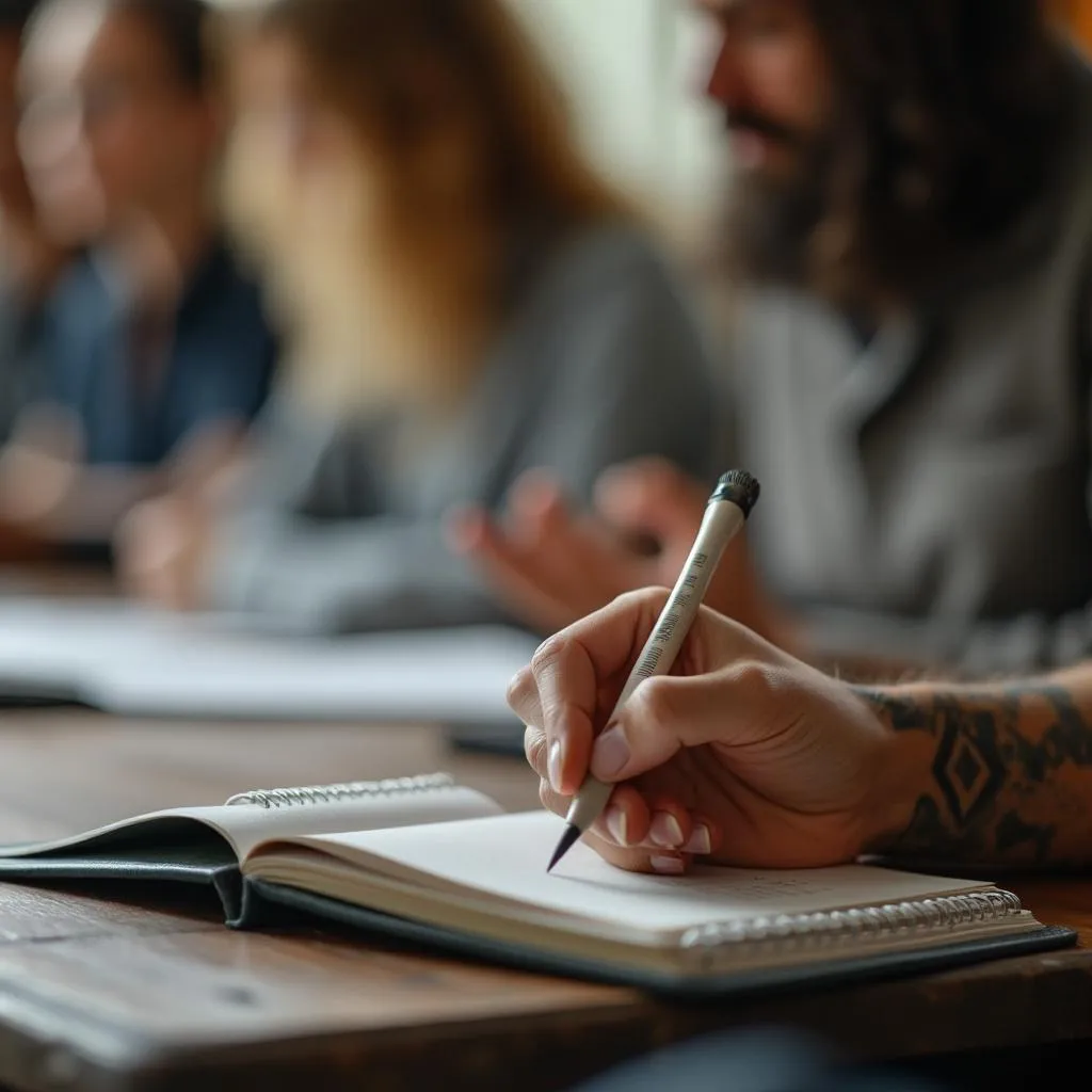 Participant écrivant dans un carnet
